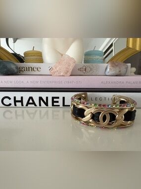 CHANEL 2021 Gold Plated  Multicolor Crystal Black Leather Chain Cuff Bracelet